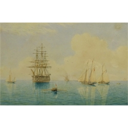 William Frederick Settle (British 1821-1897): British Man o' War at Anchor with Crew rowing to Shore, watercolour signed with monogram and dated '85, 22cm x 33cm