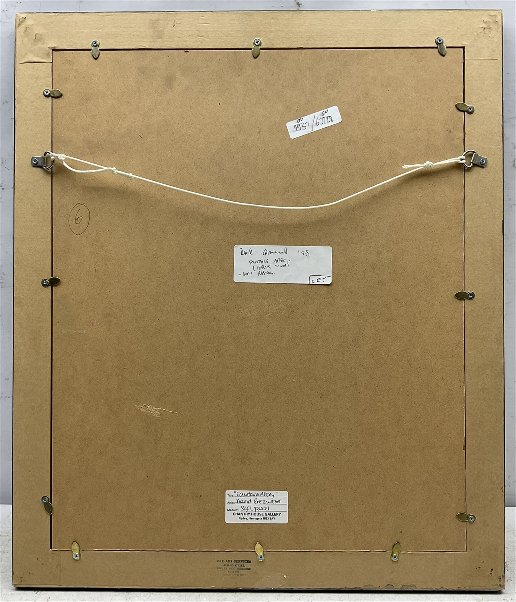 David Greenwood (Northern British Contemporary): 'Fountains Abbey - Huby's Tower', pastel signed and dated '98, titled on label verso 30.5cm x 23cm 
Provenance: with Chantry House Gallery, Ripley, Harrogate, label verso