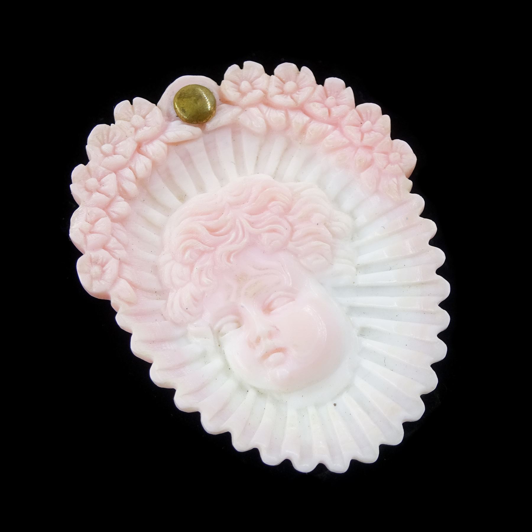 19th century gold conch shell pendant / brooch and matching earrings, each with carved bust shell of a cherub / child and flower head decoration, the earrings suspending a further flower head stud