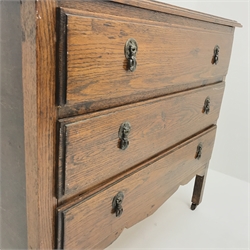 Mid 20th century oak chest, raised shaped back, three drawers, square supports, W91cm, H84cm, D41cm