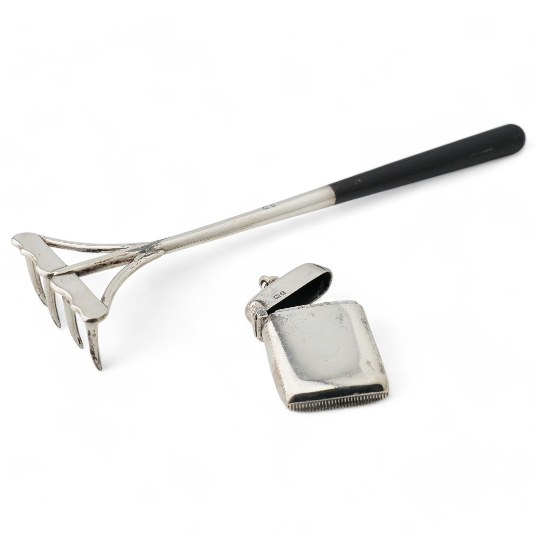 Edwardian silver miniature hay rake with ebonised handle L20cm Birmingham 1908 Maker T H Hazlewood & Co., pair of silver decanter labels 'Whisky' and 'Sherry' Birmingham 1985, another 'Port', silver vesta case and small silver dish D8cm