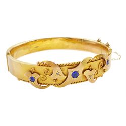 Edwardian 9ct gold blue stone and diamond chip hinged bangle, Chester 1909