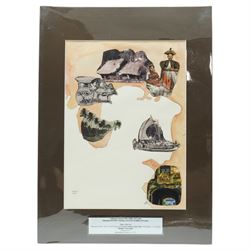 Catharina Anton Danial (Sri Lankan 1991-): 'Trinco City Map'; Mudhouse; Kettle; 'Galle Fort'; Lamp, set six watercolour and mixed media collages from 'Nostalgia' series, signed and dated 2023-2024, max 39cm x 28cm (6)
Notes: Catharina Danial is a Sri Lankan artist working with watercolour, thread, and collage to explore memory, place, and environmental change. A graduate of the University of Jaffna (BFA, 2016), she has exhibited with ARTRA Magazine, Colomboscope, and Saskia Fernando Gallery. Trinco City Map forms part of her ongoing exploration of coastal regions in Sri Lanka, drawing from field research, personal narrative, and ecological observation—particularly the impact of the economic crisis on marine life and coral ecosystems.