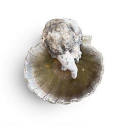 19th century lead bird bath depicting a seated cherub on a shell