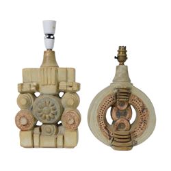 Bernard Rooke (British 1938-): two studio pottery table lamp bases, each with relief moulded abstract designs, signed with initials, tallest H40cm