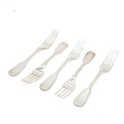 Five Victorian silver Fiddle pattern table forks, all engraved with crest to terminal, hallmarked The Portland Co, London 1861