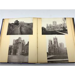 Early 20th century Japanese postcard album, the lacquered wooden covers with shibayama panel to the front, partially stocked with fifty Japanese postcards; Victorian album containing fifty-six laid-in photographs of British & Continental topographical scenes; mid-20th century album of Norwegian photographs; and quantity of Victorian cabinet photographs etc