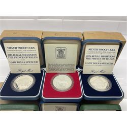 Six Queen Elizabeth II United Kingdom silver crown coins, comprising two 1972 'Silver Wedding', two 1977 'Silver Jubilee' and two 1981 'Commemorating The Marriage of His Royal Highness The Prince of Wales and Lady Diana Spencer', all cased with certificates 