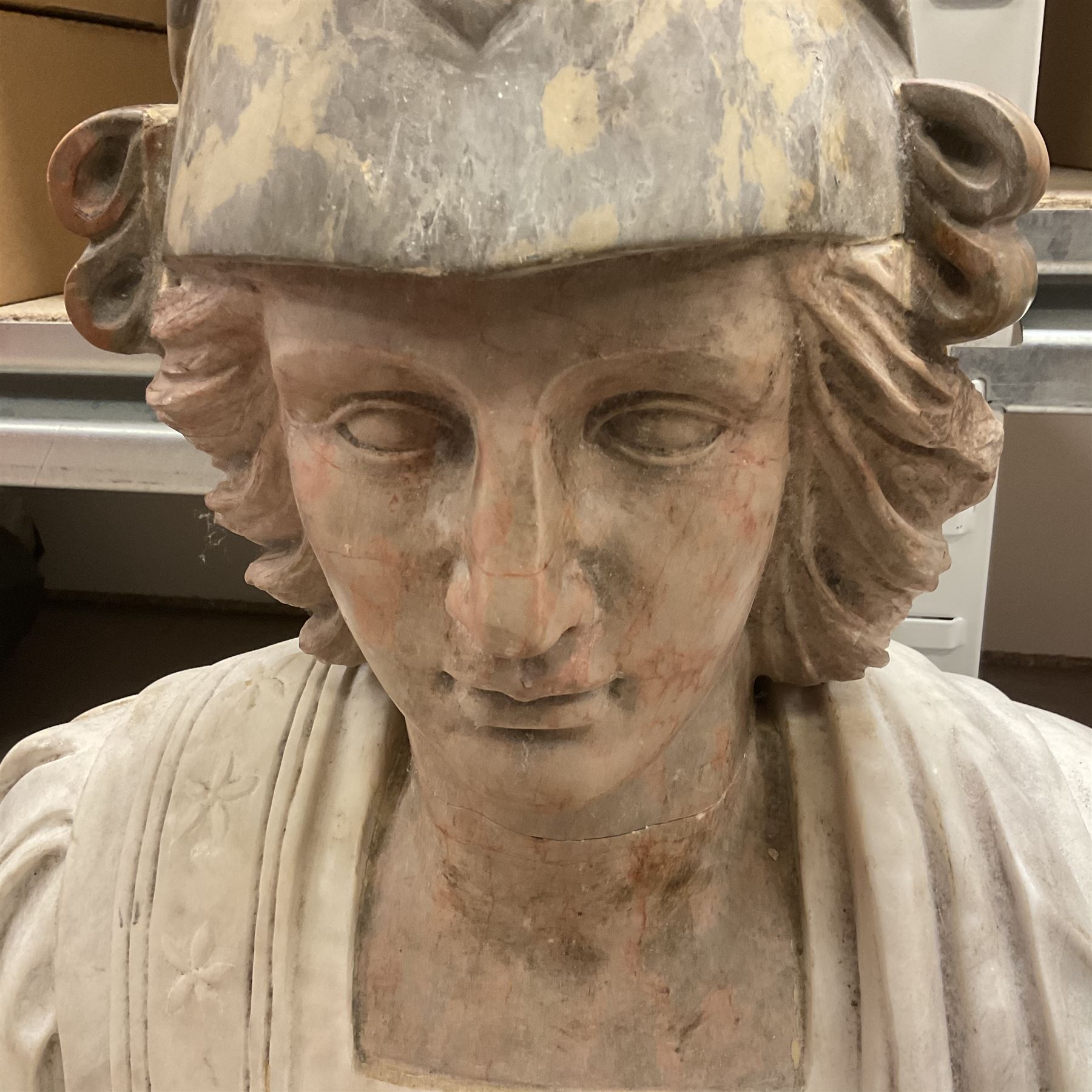 19th century marble and alabaster bust, modelled as a Roman warrior, total H68cm