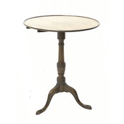 Georgian mahogany tripod table, circular dished tilt top with moulded edge, tilting on elm block, turned column with three out splayed supports, D60cm, H73cm
