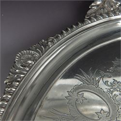Victorian silver twin handled tray, of oval form, engraved with floral and foliate swags with vacant cartouche to centre, with oblique gadrooned rim, palmette details and foliate decoration to handles, hallmarked Atkin Brothers, Sheffield 1901, handle to handle W70cm