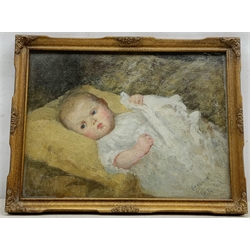 E L Kinloch (American 1860-1923): 'Caroline' - Portrait of a Baby, oil on board signed and titled 29cm x 39cm