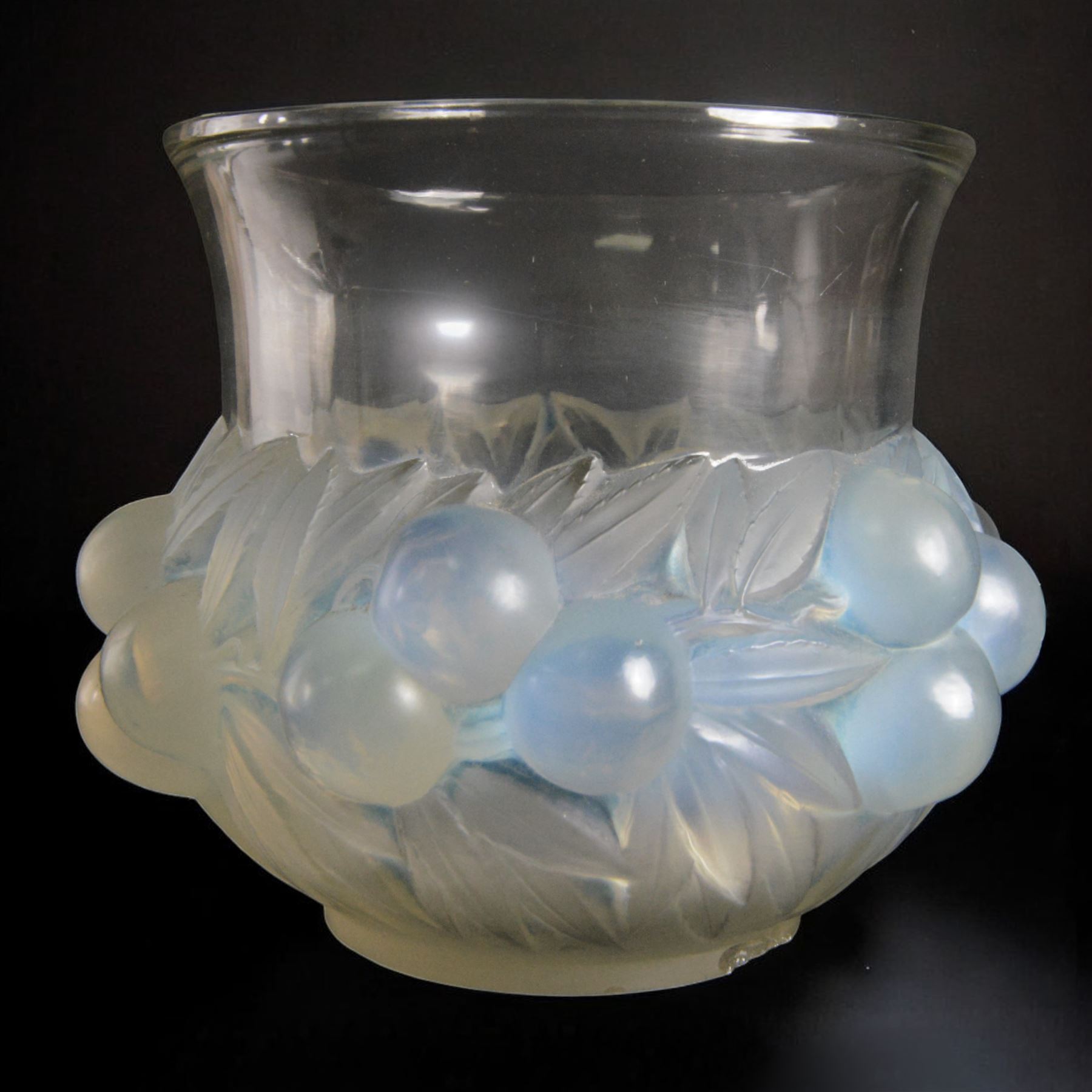 Rene Lalique (French 1860-1945), Prunes pattern opalescent glass vase, model 1037, designed circa 1930, engraved R Lalique France beneath, H17.5cm