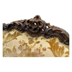 Victorian design stained wood three seater settee, top rail carved and scrolled, padded back and arms, scrolled cabriole feet 