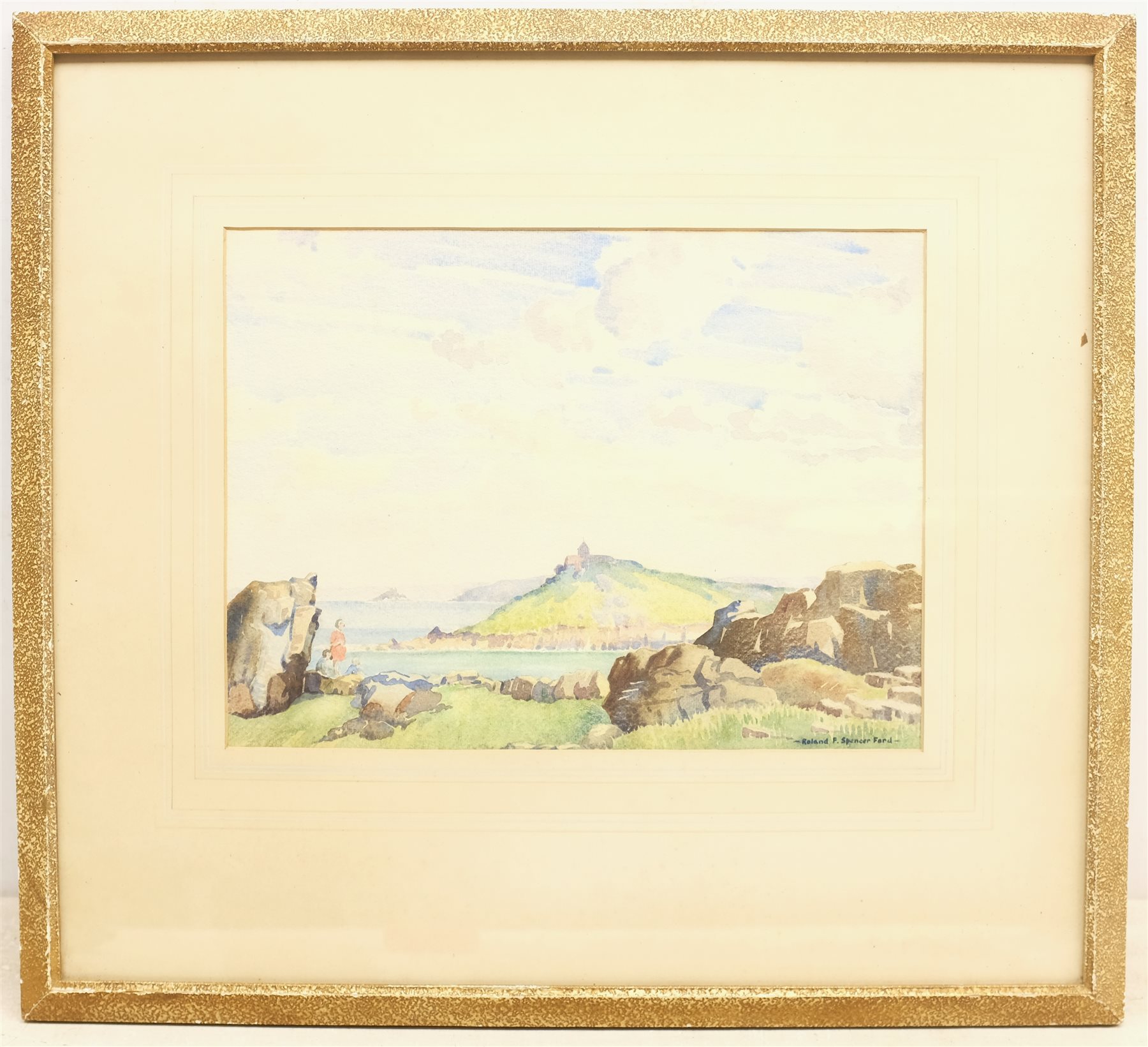 Roland F Spencer Ford (British 1902-1990): 'The Island - St Ives, Cornwall', watercolour signed, titled verso (inside the frame) on artist's Hull address label 25cm x 34cm 
