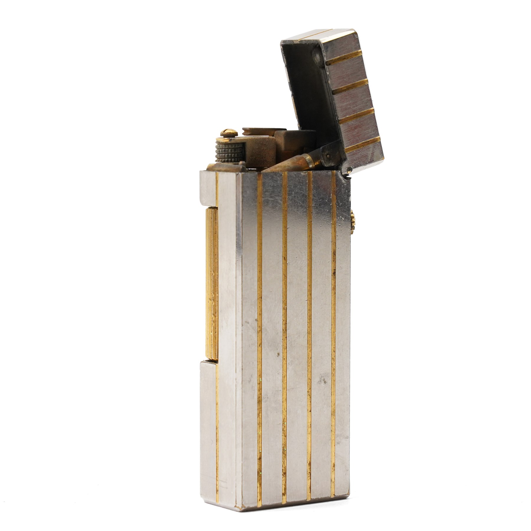Dunhill - Rollagas lighter, silver-tone metal with gilt linear decoration and gilt ribbed thumbpiece, H6.5cm 