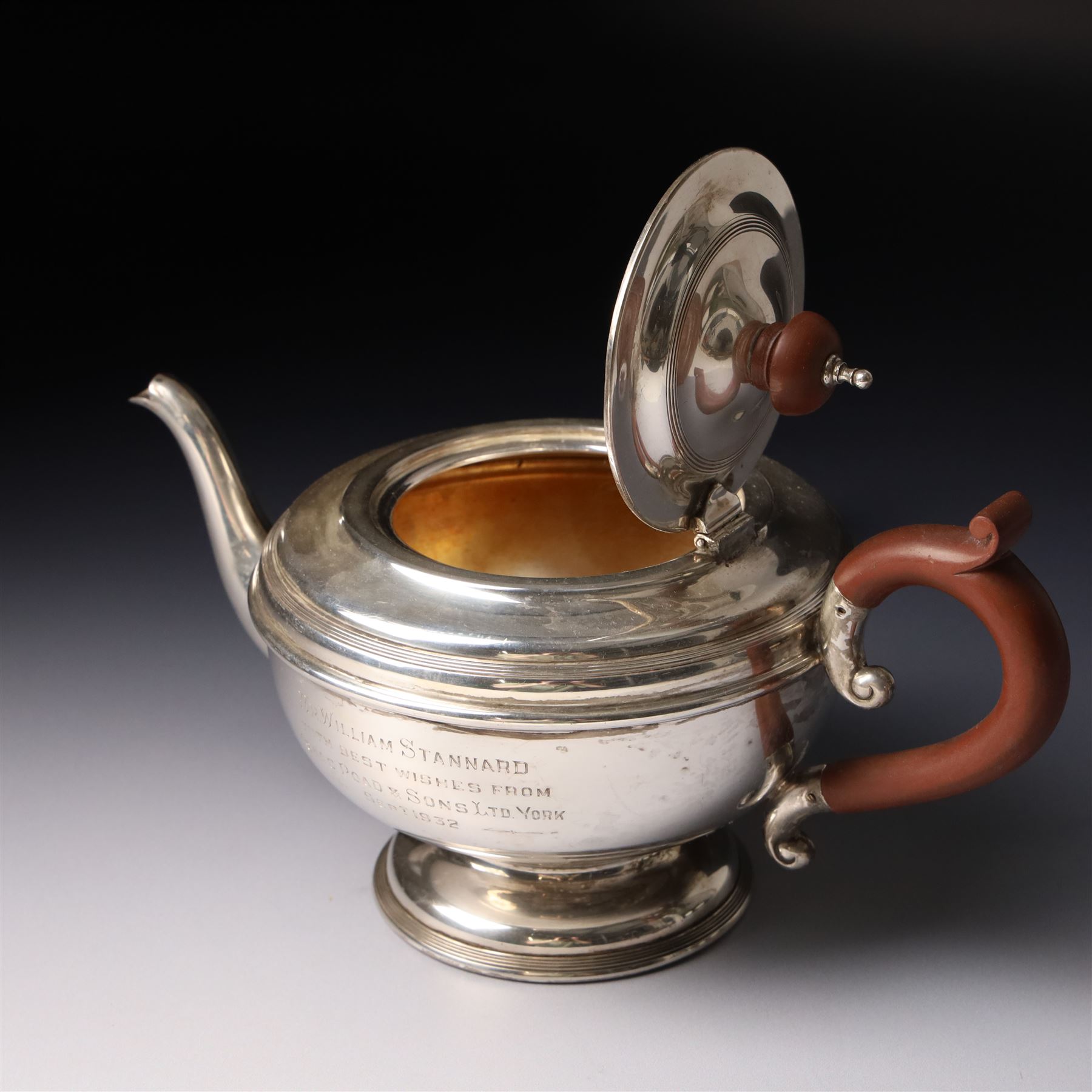 Silver circular teapot with presentation inscription Birmingham 1932 Maker Alexander Clark & Co Ltd 