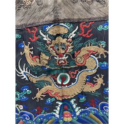 Late 19th, early 20th century Chinese full length, sleeveless silk gown, embroidered with dragons chancing flaming pearl and birds in flight, L105cm