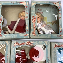 Faerie Glen - Sally doll boxed with 1959 catalogue and another wearing a red velvet coat and boxed with additional ice skating boots; together with six boxed outfits (8)