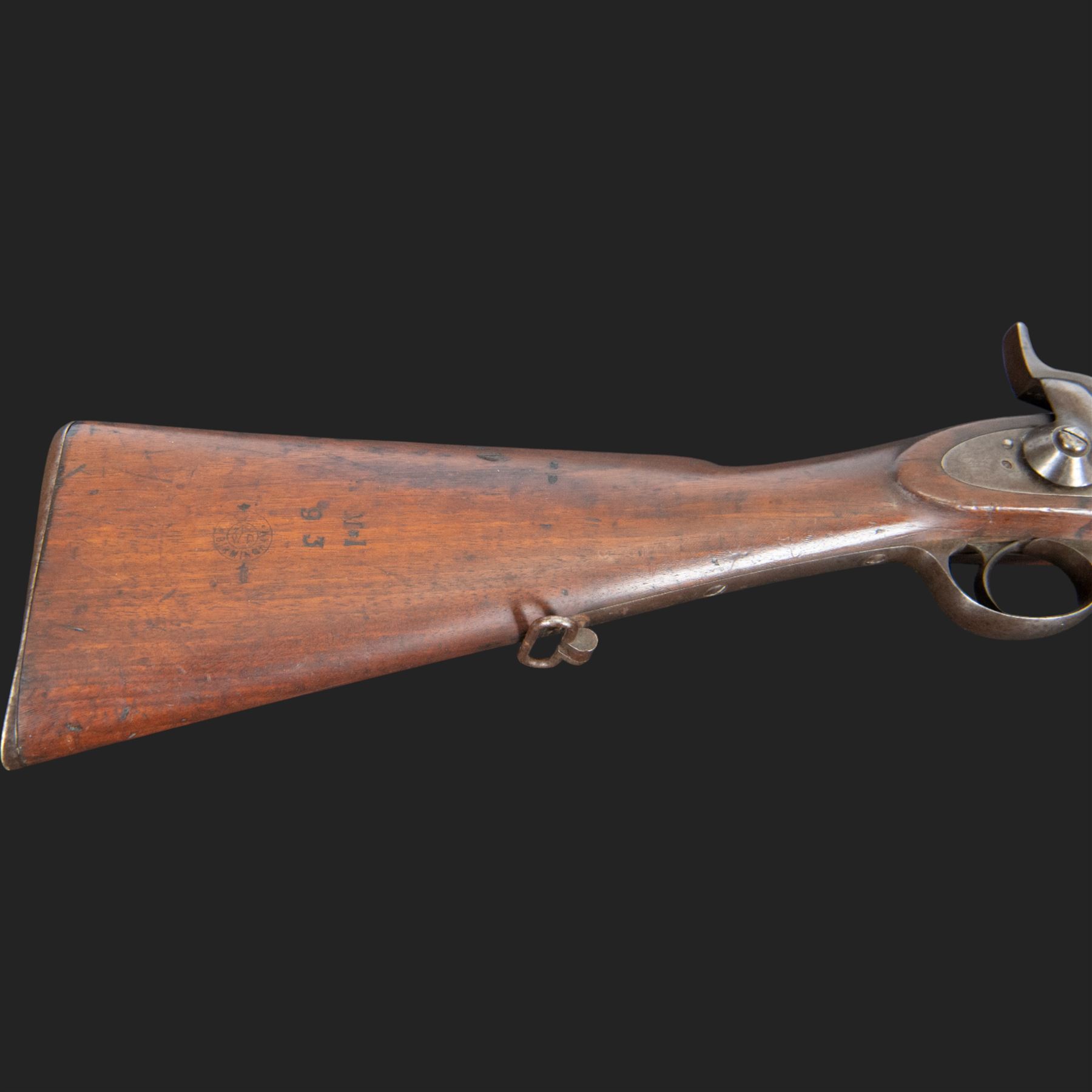Snider-Enfield service rifle .577 calibre, barrel 33 in., tangent/ladder back sight, action marked with crowned V.R BSA & Co 1872, full stocked with two barrel bands, steel clearing rod, walnut stock marked Mx1 93 Birmingham, overall L124cm