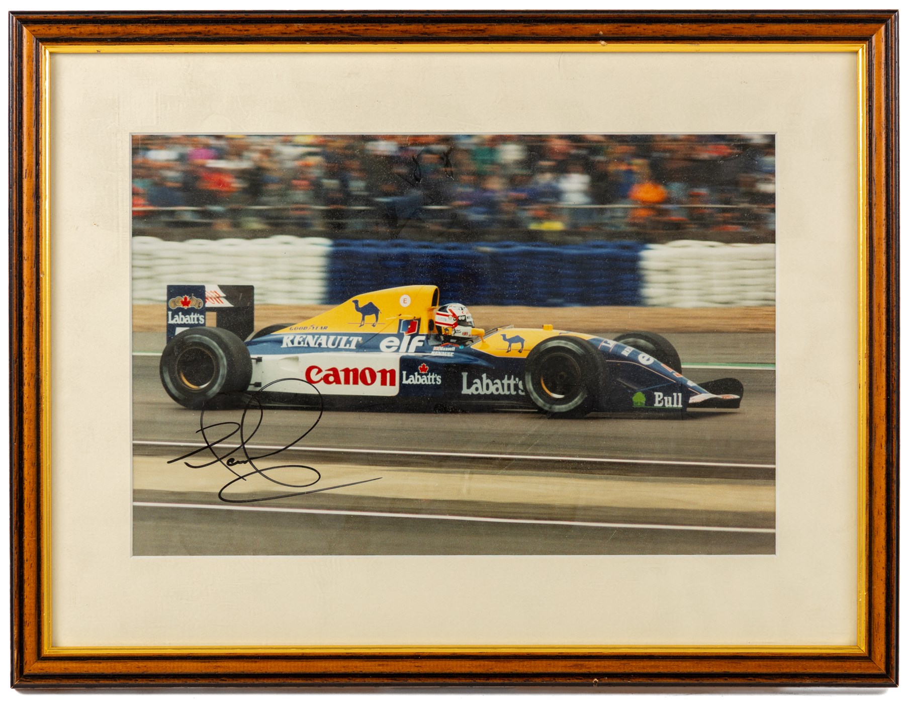 Ten signed Formula 1 photographs, comprising eight Damon Hill examples, Jenson Button and a Nigel Mansell example, nine with certificates of authenticity from Write Stuff Autographs, all framed, largest H47cm, W67cm