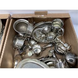 Quantity of silver plate and other metal ware, including sugar caster, tureens, serving dishes, pair of candelabra etc, in two boxes 