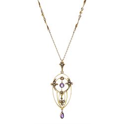 Edwardian gold amethyst and seed pearl pendant, on fancy link chain necklace, both stamped 9ct