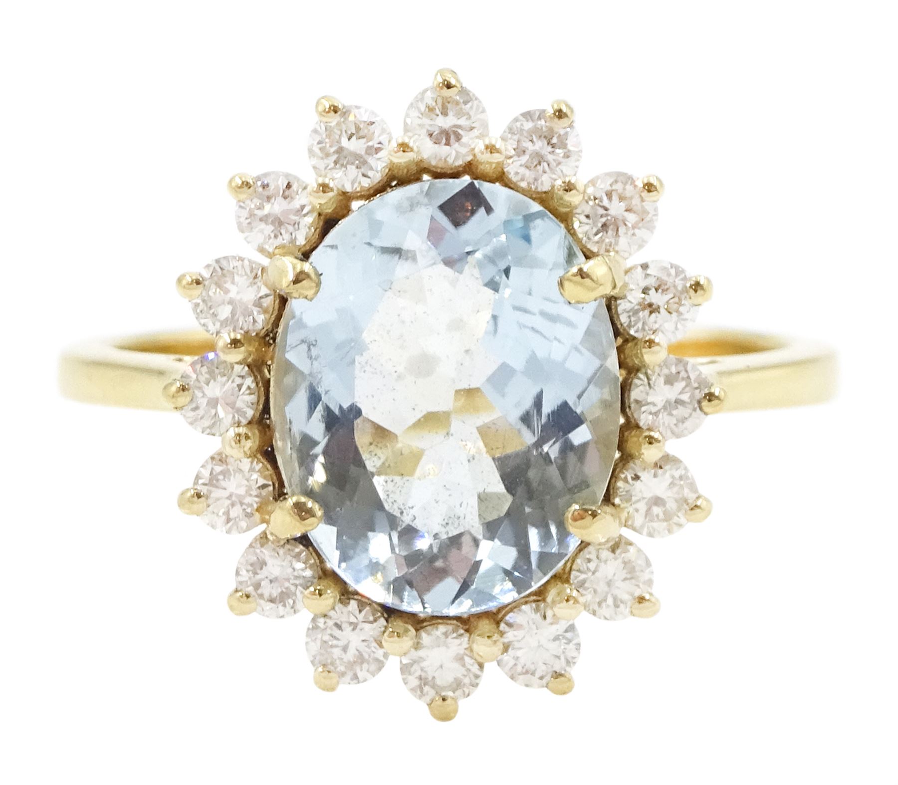 18ct gold oval cut aquamarine and round brilliant cut diamond cluster ring, stamped, aquamarine approx 1.90 carat, total diamond weight approx 0.50 carat