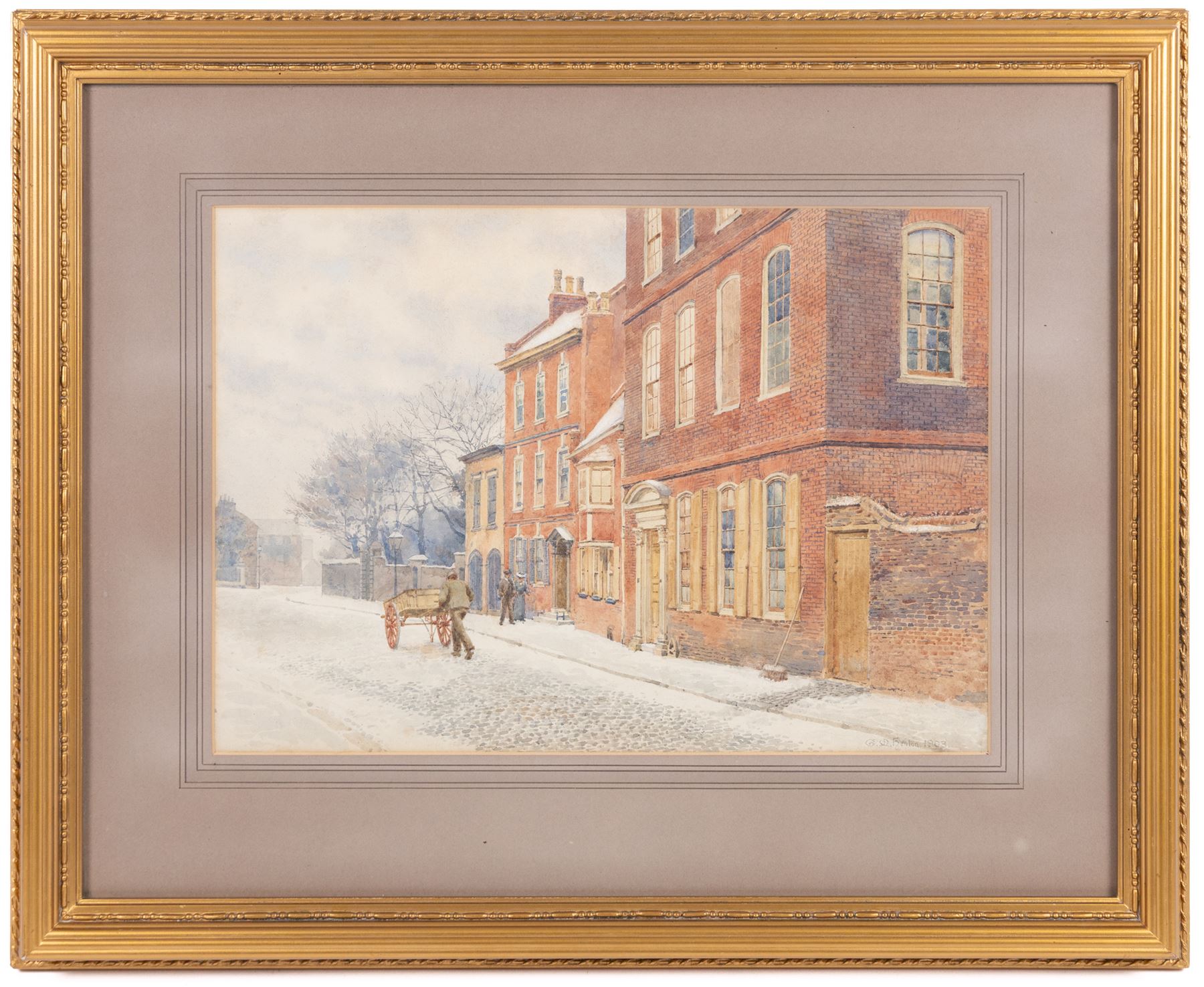 George Moore-Henton (British 1861-1924): 'Houses in the Newarke - Leicester', watercolour signed and dated 1903, titled on original artists label verso and inscribed 'the nearest one was demolished in 1903', 28cm x 39cm 