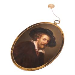 After Sir Peter Paul Rubens (Flemish 1577-1640): Self Portrait of the Artist, 19th century Dresden painted porcelain plaque, in a silver gilt frame, inscribed indistinctly verso and with impressed marks B and M, including frame 18cm x 14cm