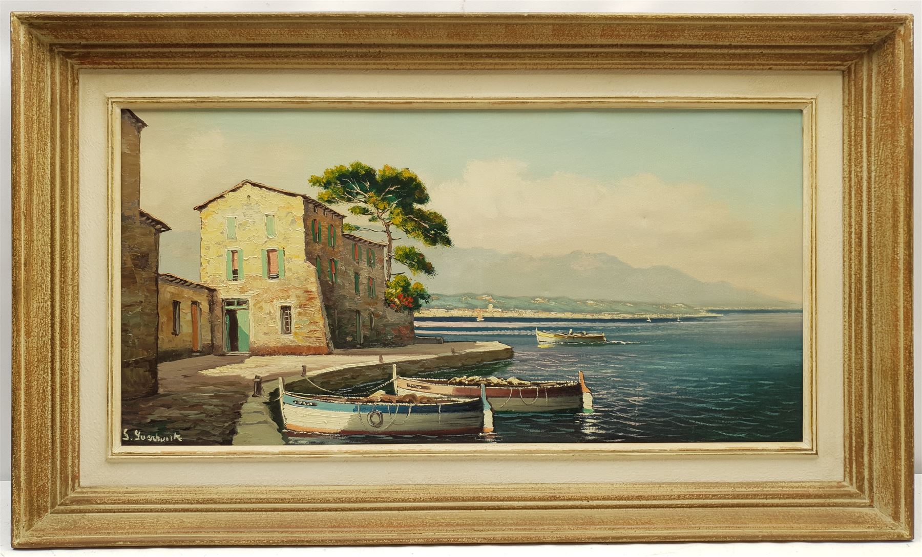 G Guerbuert (Continental 20th century): Mediterranean Quayside, oil on canvas indistinctly signed 38cm x 78cm