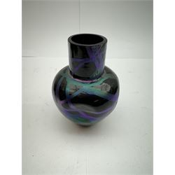 Five Austrian Art Nouveau purple glass vases, to include a Pallme-Konig example, of tapering form with matte vein decoration, and two similar pairs, tallest H16cm