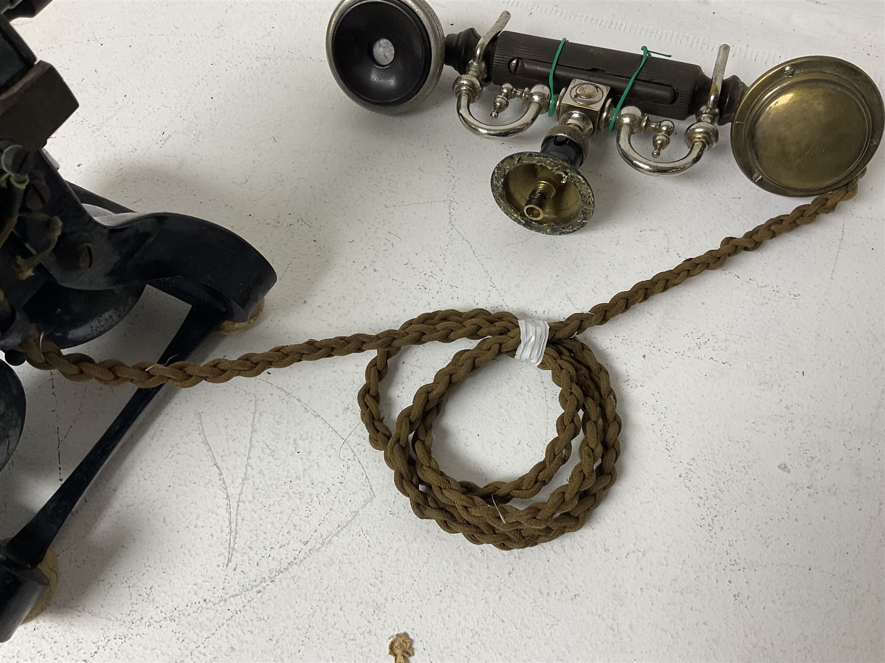 Early 20th century Skeleton Type telephone, probably made by Ericsson, marked MR No. 16, with headset, H30cm