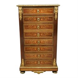 19th century French marquetry secrétaire à abattant in Louis XVI style, with rectangular marble top above a floral inlaid fall front enclosing fitted interior with arcaded pigeonholes, inlaid drawers and writing surface, gilt metal mounts and borders throughout, raised on cast ormolu feet
