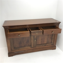 Grange cherrywood sideboard, one long and two short drawers above two cupboards, shaped platform base, W159cm, H97cm, D53cm