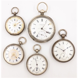  Silver pocket watch by Waltham Birmingham 1899, two continental silver pocket watches stamped 935, German silver pocket watch by J. Hilser & Sons stamped 935 and one other stamped sterling silver  