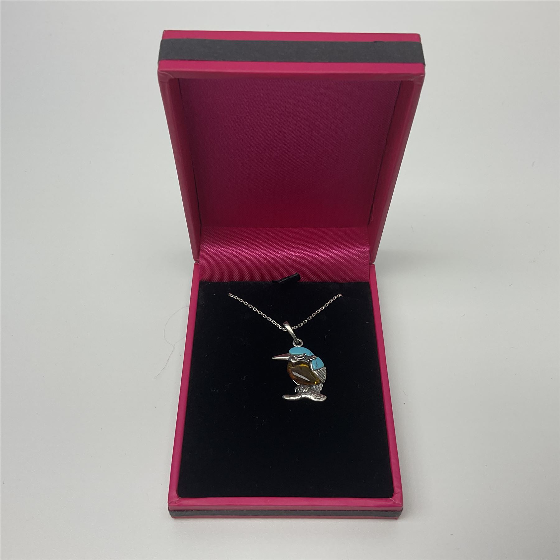 Silver Baltic amber and turquoise kingfisher pendant necklace, stamped 925 and boxed 