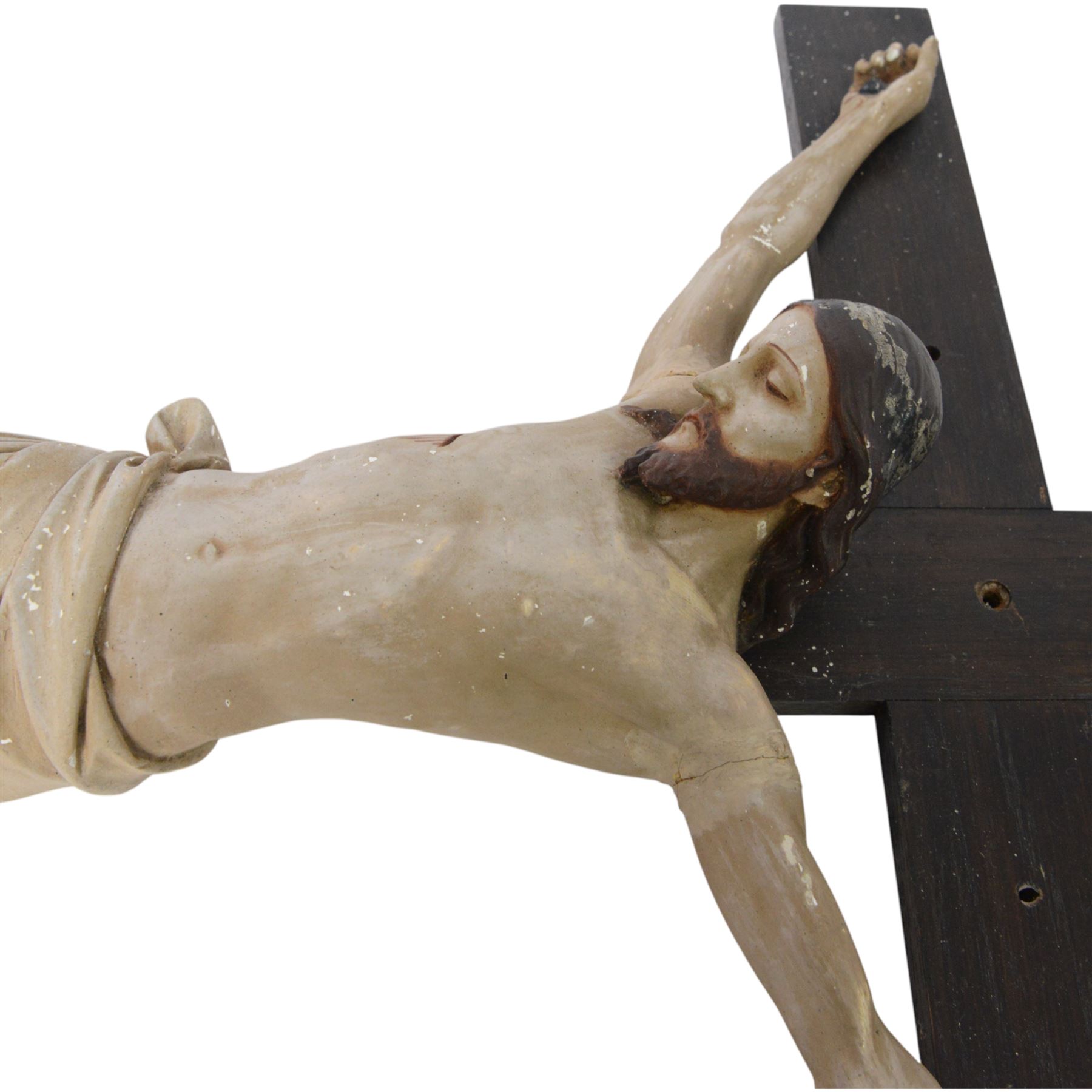 Eight crucifixes with Corpus Christi, various ages and materials, including wood and medal examples, largest H120cm 