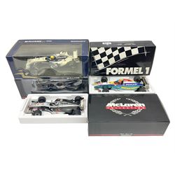 Four Minichamps 1:18 scale die-cast racing cars - Williams F1 Team BMW FW26 R. Schumacher; McLaren Mercedes MP4-12 D. Coulthard; McLaren Mercedes MP4-13 M. Hakkinen; and Formel 1 Jordan peugeot EJR 195 E. Irvine; all boxed (4)