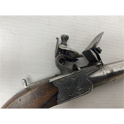 Early 19th century J. Calvert (Leeds) flintlock single barrel tap action pocket pistol, approximately .45 cal., the 4cm (originally) screw off barrel with top safety and walnut stock L16cm overall