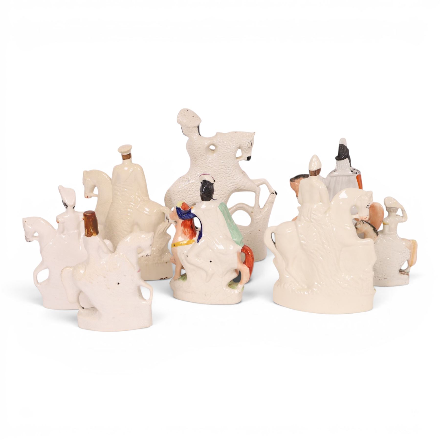 Group of 19th Staffordshire figures on horse back, including Lord Kitchener, General French, Louis Napoleon, Havelock, William III 1690 etc