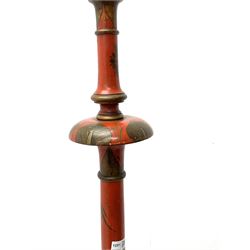 Early 20th century Chinese style red painted standard lamp, turned tapering column on base