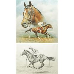 Sue Wingate (British 1947-2016): 'Shergar' with Walter Swinburn, pencil sketch signed titl...