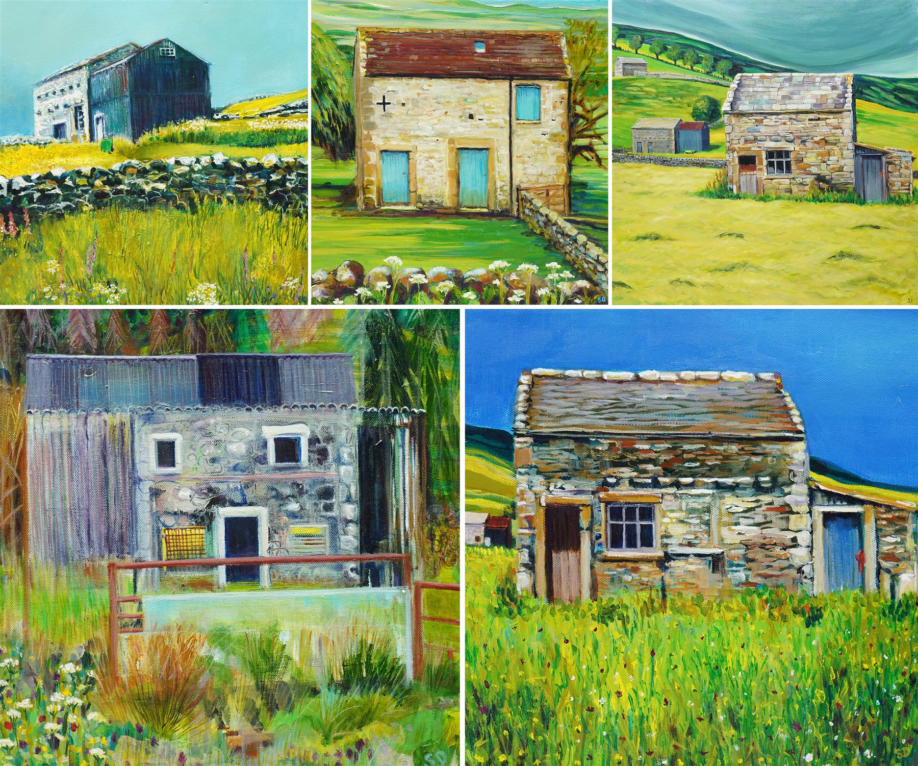 Sue Dewhurst (British Contemporary): 'Barn with Blue Door' 'Blue Metal Barn' 'Haytime' and others, set of five oils on canvas variously signed and titled, max 61cm x 61cm (5)