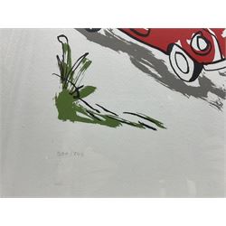 Javier Mariscal (Spanish 1950-): Cobi in Barcelona, set of three limited edition serigraphs embossed with signature and numbered 568, 500 and 581/700 in pencil max 50cm x 60cm 
Notes: Commissioned by SEAT in 1989 on the occasion of the Barcelona 1992 Olympic Games.