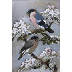 Charles Frederick Tunnicliffe (British 1901-1979): Bullfinches, gouache signed, titled on Welsh Arts Council label verso 31cm x 21cm