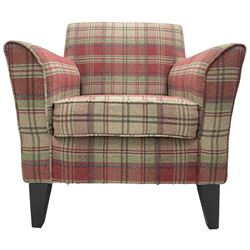 Next Home - traditional shaped armchair, upholstered in tartan fabric, raised on square tapering ebonised supports