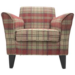 Next Home - traditional shaped armchair, upholstered in tartan fabric, raised on square tapering ebonised supports