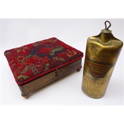 Victorian inlaid footstool, later converted to foot warming stool with  hinged upholstered lid enclosing a French copper and brass foot warmer, L31cm and Hot-Glow brass water bottle  