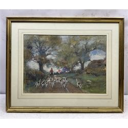 Rowland Henry Hill (Staithes Group 1873-1952): North Yorkshire Foxhounds on a Country Lane, watercolour signed and dated 1908 
Provenance: private collection, purchased David Duggleby Ltd 16th September 2013 Lot 43; exh. Phillips & Sons, Cookham, November 1980